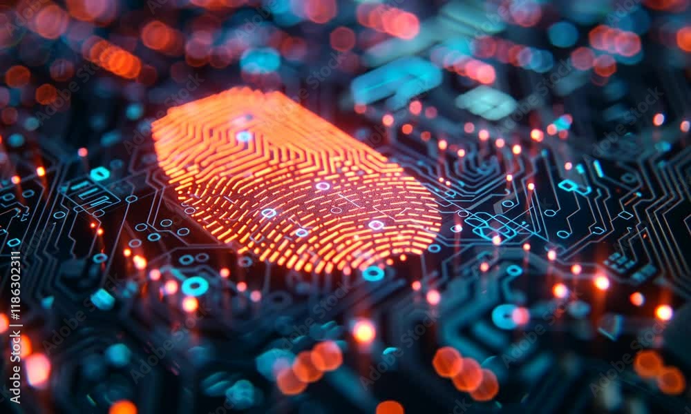 Glowing fingerprint on a futuristic microchip Glowing fingerprint on a futuristic microchip