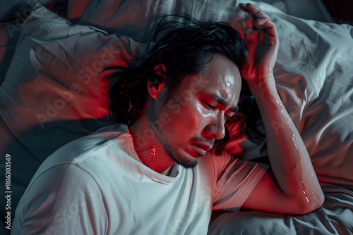 man in his thirties is lying on the bed, holding one hand to cover up an ear that seems to be going insane. His expression looks turned red with pain or aura, and sweat is dripping down from him