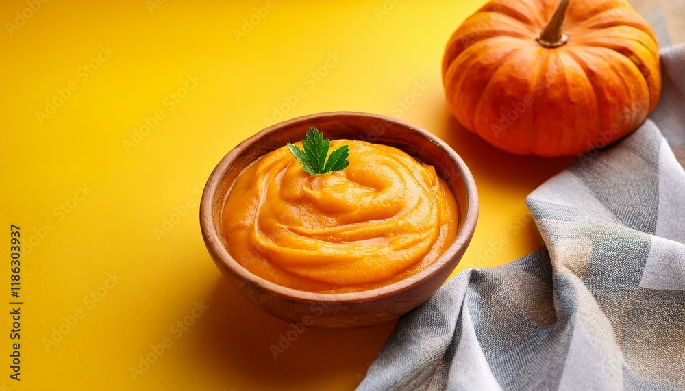 Delicious pumpkin puree served in bowl on yellow background Delicious pumpkin puree served in bowl on yellow background