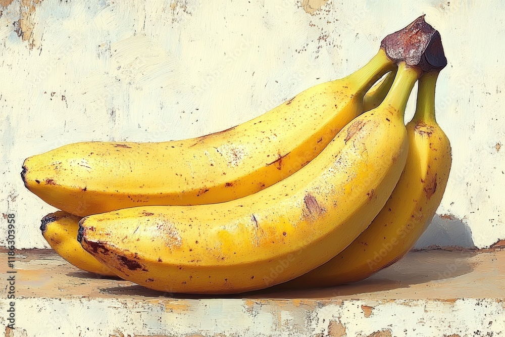 Three ripe bananas on textured surface. Three ripe bananas on textured surface.