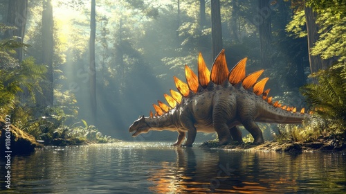 Stegosaurus walking near a tranquil river, vibrant plates on its back reflecting sunlight, peaceful prehistoric setting --ar 16:9 --v 6.1 Job ID: f5911376-570a-4ca0-9940-334b7e7e4aed photo