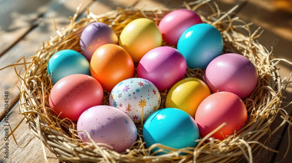 Colorful Easter eggs in a straw nest. Perfect for Easter cards, spring decorations, and holiday celebrations. Bright, cheerful image Colorful Easter eggs in a straw nest. Perfect for Easter cards, spring decorations, and holiday celebrations. Bright, cheerful image