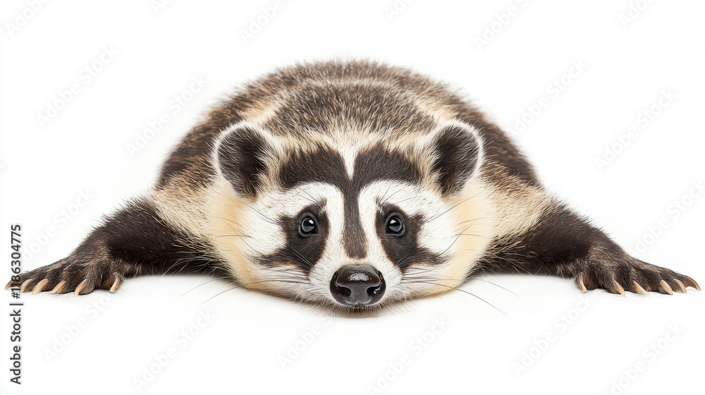 Fototapeta premium American badger portrait, close-up, lying down, white background.