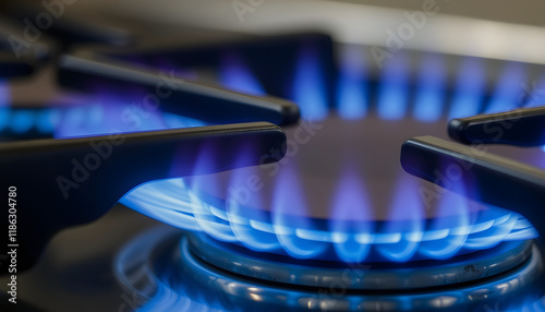 A detailed view of the blue flames on a gas stove. Perfect for illustrating concepts related to cooking, heating, or energy sources, asian style, with white tones photo