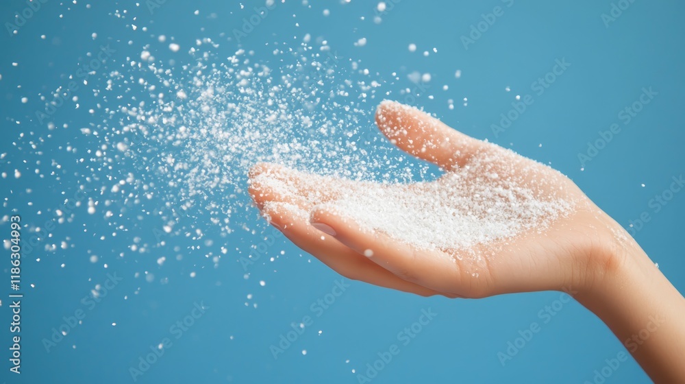 a hand of woman with white snowflake or powder splash in air on blue background a hand of woman with white snowflake or powder splash in air on blue background