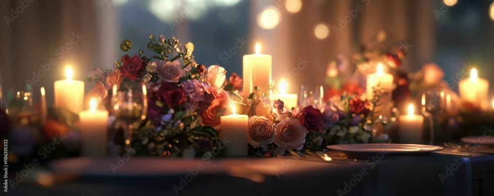 Elegant dinner table with glowing candles and floral centerpieces, luxurious dining atmosphere, festive charm. Elegant dinner table with glowing candles and floral centerpieces, luxurious dining atmosphere, festive charm.