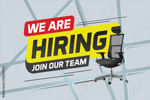 Hiring recruHiring recruitment design for banner poster. We are hiring join our now lettering with chair icon logo sign Vector illustration typographic. Open vacancy template

