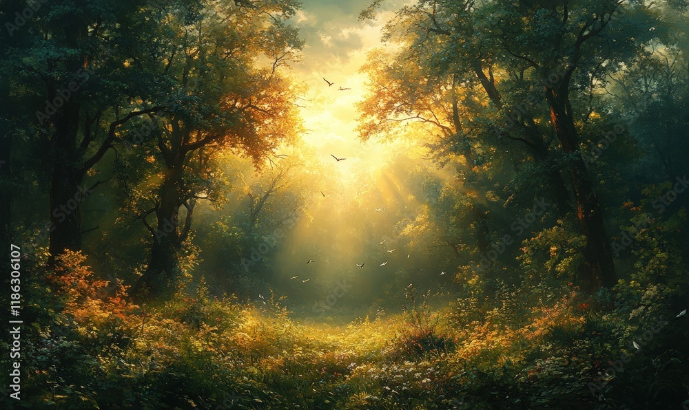 Sunlit forest path, birds flying, golden light. Sunlit forest path, birds flying, golden light.