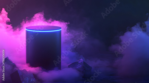 Cylinder flying podium with neon glowing abstract geometric shapes and smoke clouds for futuristic product display. photo