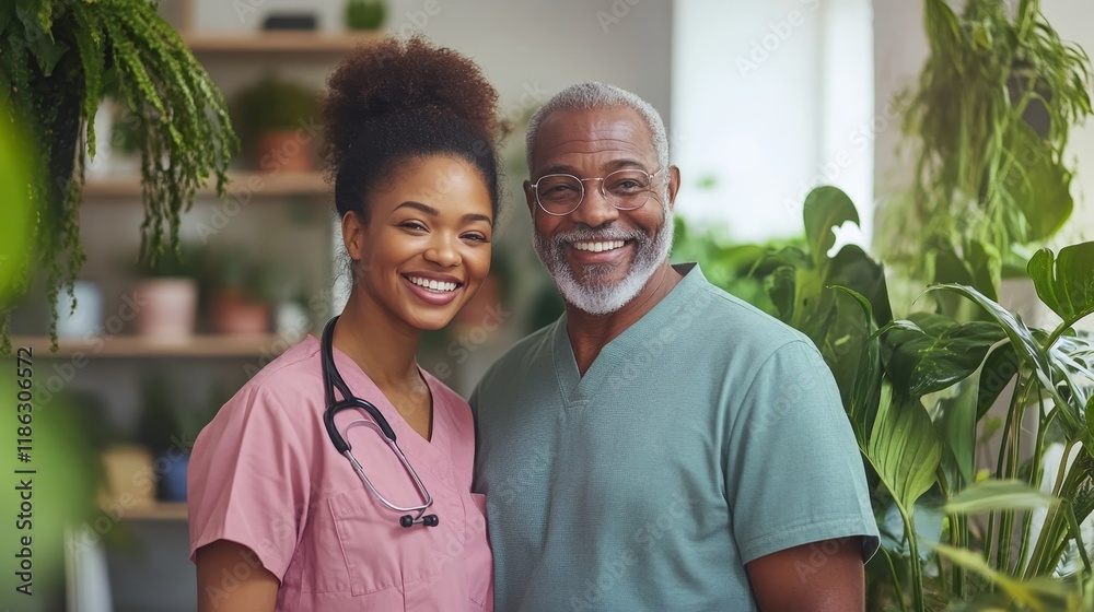 a doctor and nurse smiling together at cozy clinic full of green houseplant, care and hospitality concept, a doctor and nurse smiling together at cozy clinic full of green houseplant, care and hospitality concept,