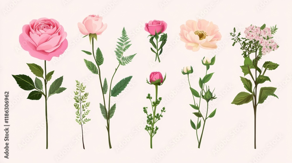 Obraz premium Wedding flower vector set, including pink roses, peonies, and greenery, arranged in a cohesive and elegant style for event decor --ar 16:9 --v 6.1 Job ID: 6a168506-c4b6-4667-a693-0db58cc4d082