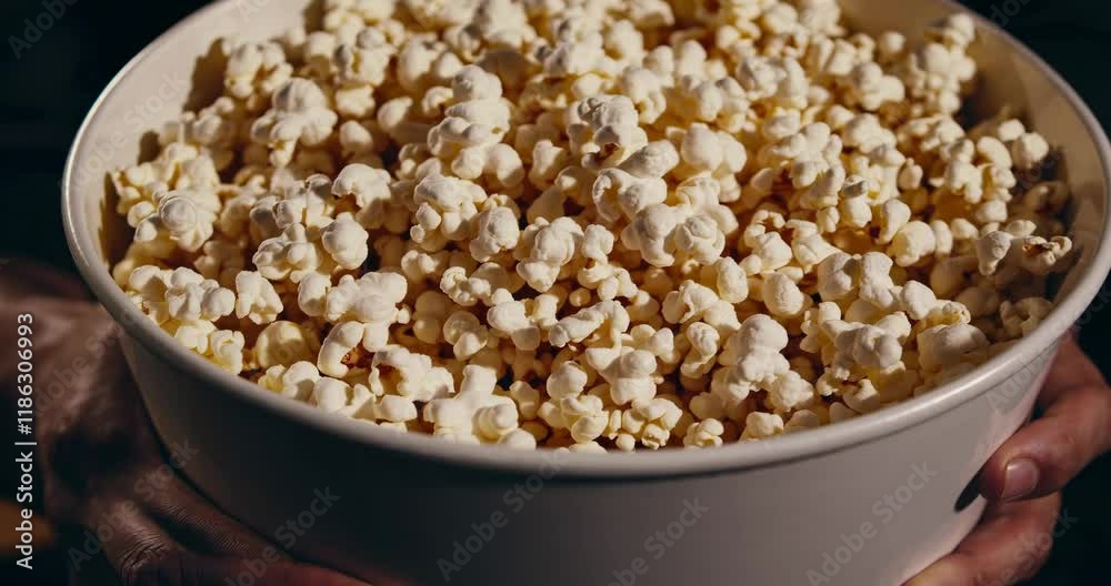 large bucket of popcorn in male hands in warm lighting close-up large bucket of popcorn in male hands in warm lighting close-up