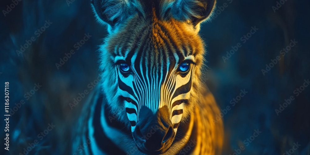 custom made wallpaper toronto digitalA close-up portrait of a zebra with vibrant stripes and piercing blue eyes.