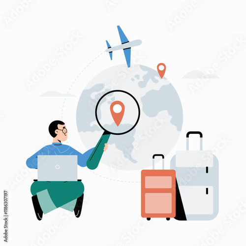 Male traveler with luggage using magnifying glass on world map in flat vector illustration symbolizing travel planning, navigation, and adventure, isolated on white background.