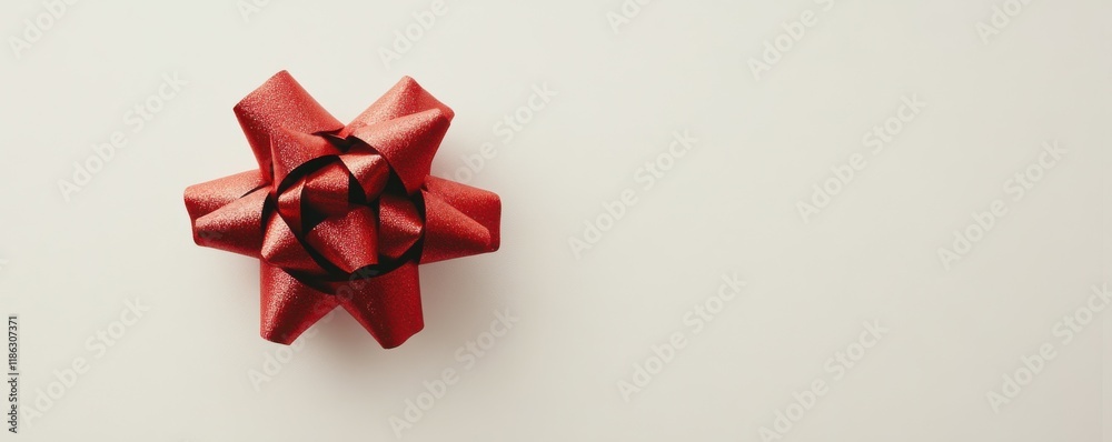 Elegant red gift bow on a plain white surface, minimal festive packaging, holiday sophistication. Elegant red gift bow on a plain white surface, minimal festive packaging, holiday sophistication.