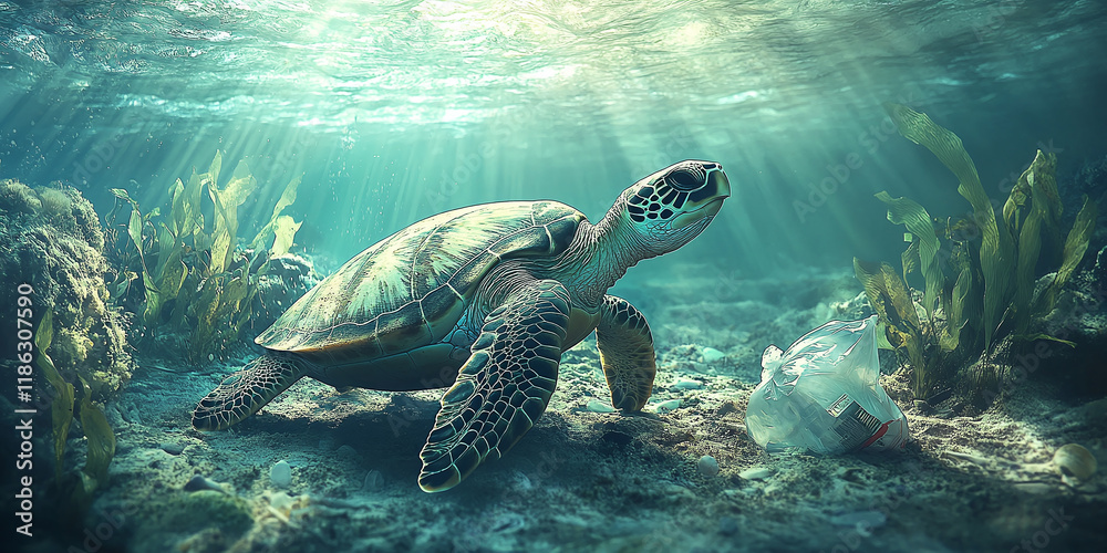 Fototapeta premium A sea turtle swims underwater near a plastic bag amid seaweed, highlighting marine pollution, ocean conservation issues, and the impact of plastic waste on wildlife.