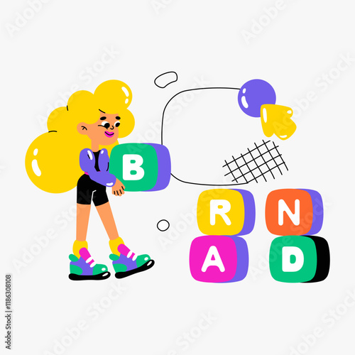 Girl building brand blocks in flat vector illustration representing branding, identity creation, and business development, isolated on white