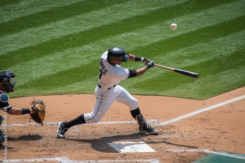 baseball player is swinging a bat at a ball. The catcher is behind him, ready to catch the ball. The scene is intense and exciting, as the batter is trying to hit the ball