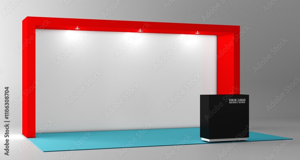 Obraz premium Exhibition stand mockup and flat used for branding and corporate identity. Empty stand or booth in a tradeshow. Virtual exhibition. Template mockup for your expo design. Trade show expo booth.