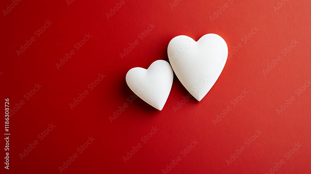 Two White Hearts Resting On Red Background Two White Hearts Resting On Red Background