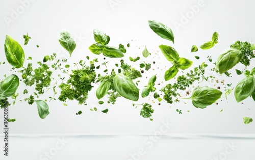A dynamic burst of fresh herbs like basil, parsley, and mint flying above a clean surface
