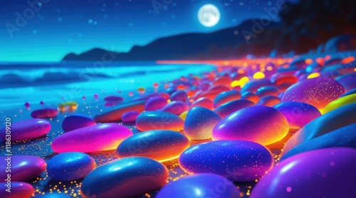 A vibrant, hyperrealistic digital painting of a beach at night.  The scene is a close-up view of many brightly colored, smooth, rounded stones, various shades of fuchsia, violet,  neon blue,  orange..