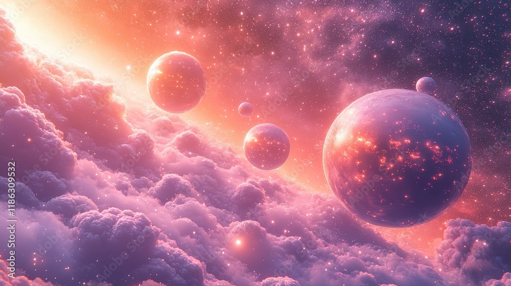 Fototapeta premium Illustration - Pink Nebula, Planets, and Clouds in Space