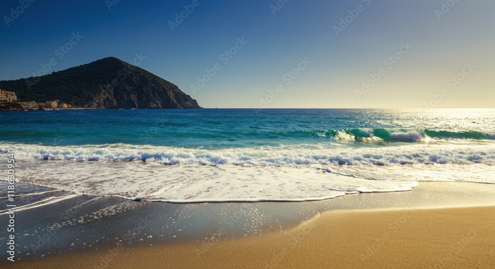 Serene beach landscape with gentle waves and a distant mountain Serene beach landscape with gentle waves and a distant mountain