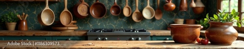 Wooden platform with hanging kitchen utensils and pots, rustic, wooden, utensils
