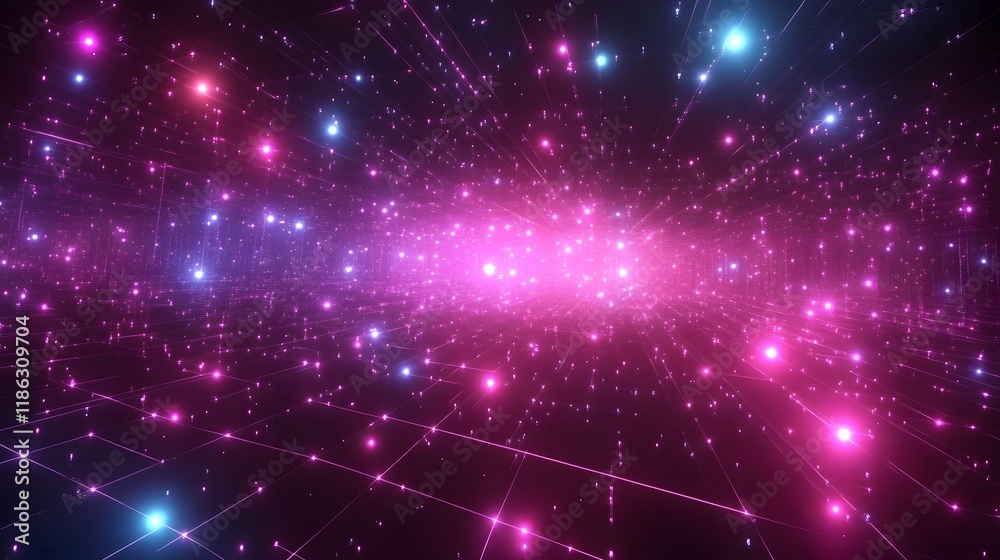 Fototapeta premium Futuristic Cyber Network Graphic with Glowing Neon Nodes and Virtual Pathways in Digital Grid