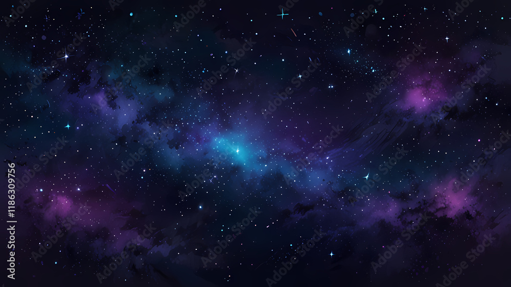 Fototapeta premium A mesmerizing abstract illustration of a starry night sky, featuring glowing stars of varying sizes scattered across a gradient of deep blue and purple hues, with soft swirls of cosmic light
