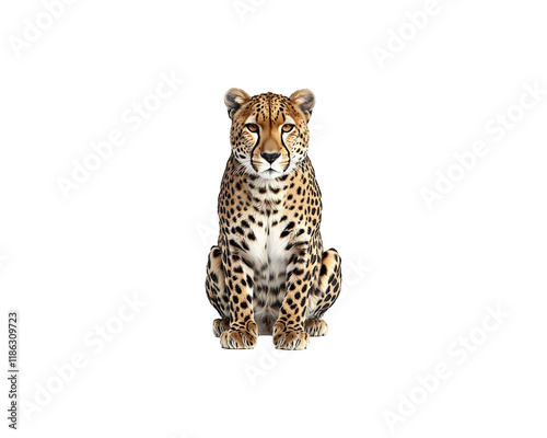 A cheetah sits facing the camera against a black background. photo