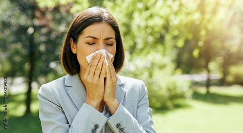 Woman sneezing outdoors, experiencing allergy symptoms in spring