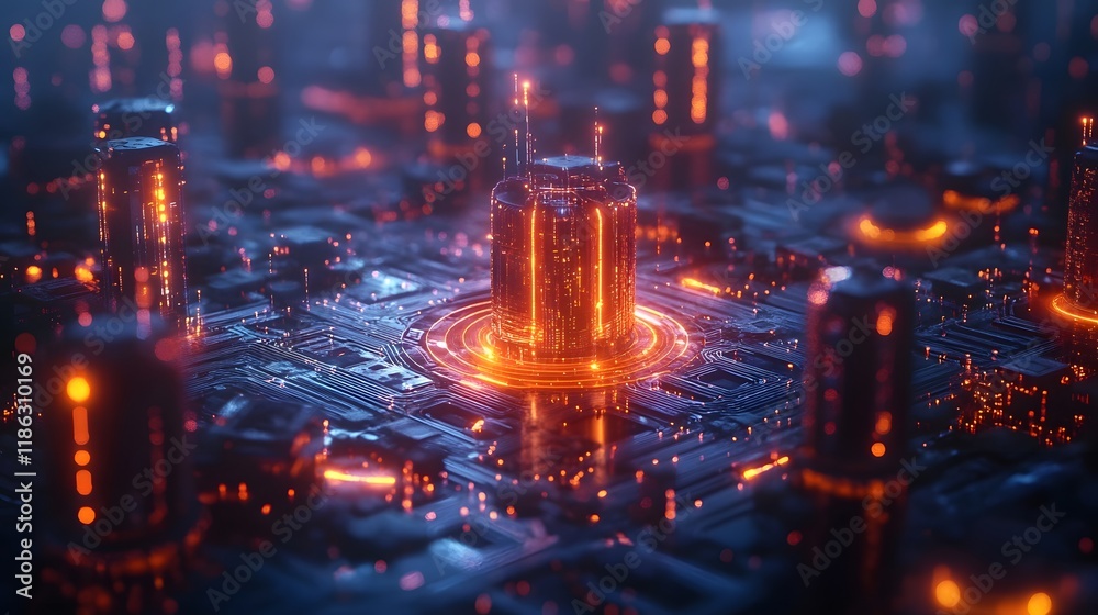 Fototapeta premium Glowing Cyber Inspired Network Design with Interconnected Geometric Patterns Representing