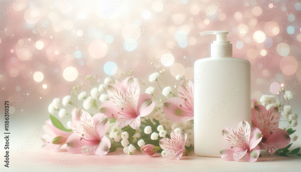Shampoo bottle mock up surrounded by Alstroemeria, Gypsophila against bokeh
