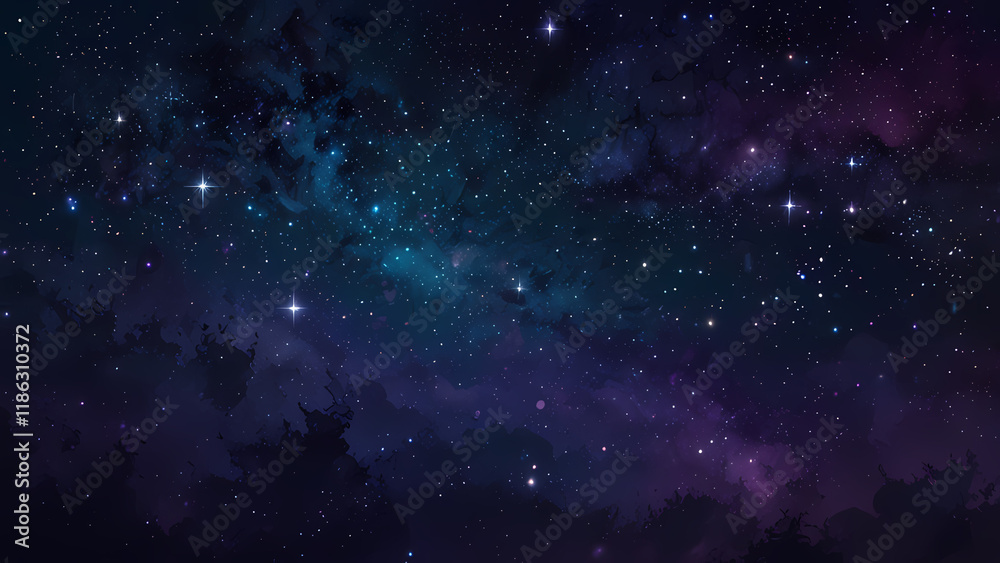 Obraz premium A mesmerizing abstract illustration of a starry night sky, featuring glowing stars of varying sizes scattered across a gradient of deep blue and purple hues, with soft swirls of cosmic light