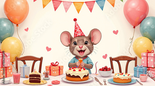 Excited mouse celebrating birthday with cakes and colorful decorations at festive table