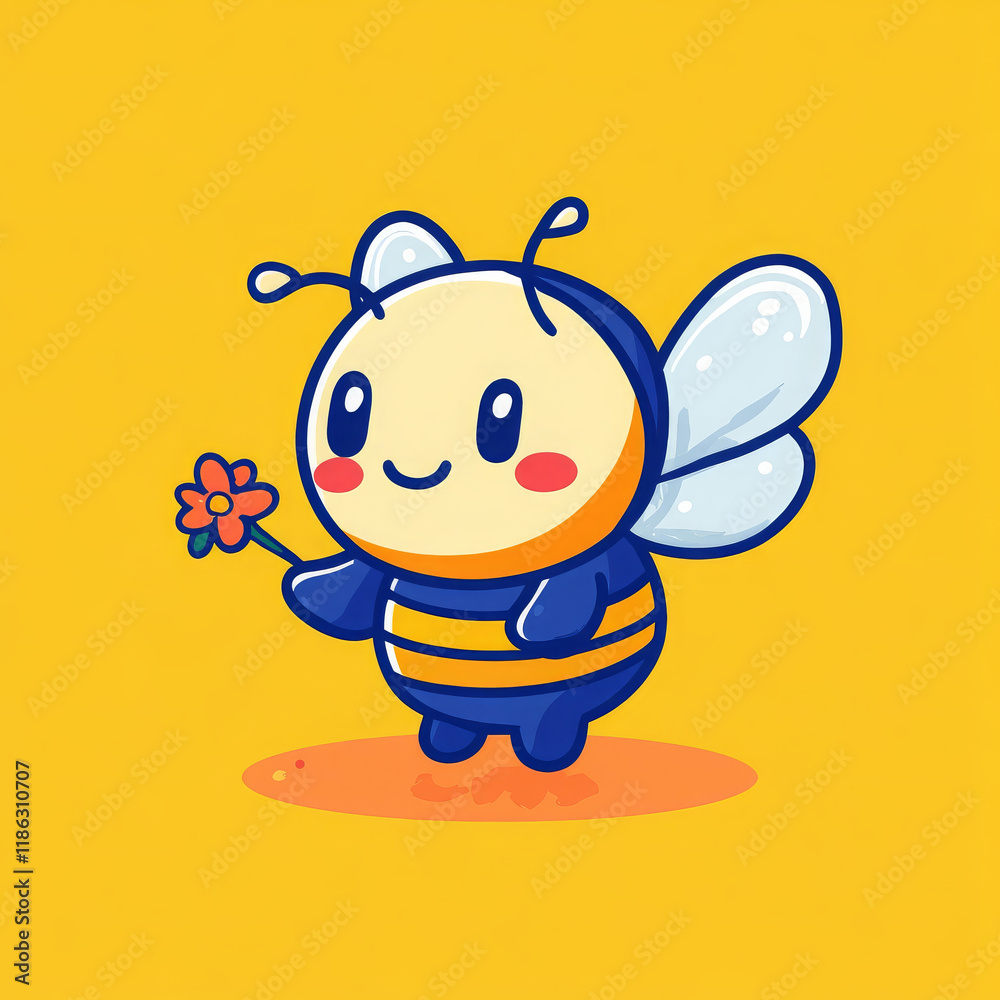 Obraz premium Cute cartoon bee holding flower, smiling joyfully against bright yellow background. This cheerful character embodies happiness and nature beauty