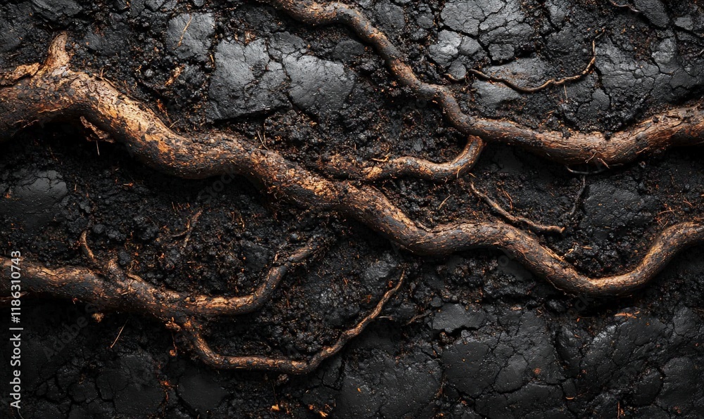 Dark soil, exposed roots, cracked ground, nature texture, background image Dark soil, exposed roots, cracked ground, nature texture, background image