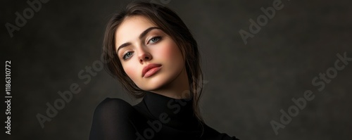 Elegant young woman posing confidently in a minimalistic black outfit, expressing strong emotions. Studio setting with soft lighting. Monochrome