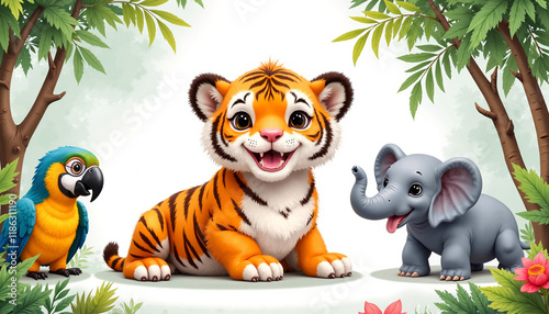 Adorable tiger cub with elephant and parrot in playful jungle scene