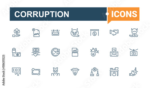 Corruption linear icon collection. Contains such icons as anti, document, business, corporate, finance, justice and more. Minimalistic icons. Editable vector illustration.