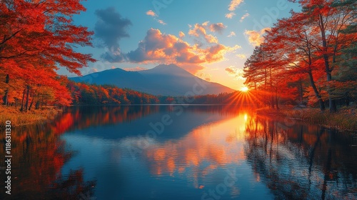 Autumn sunset, mountain lake, fiery trees reflected.