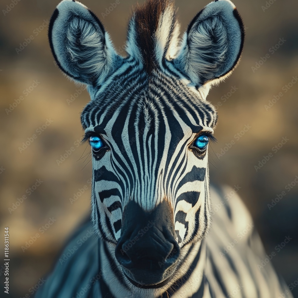 Naklejka premium A close-up portrait of a zebra with vibrant stripes and piercing blue eyes.