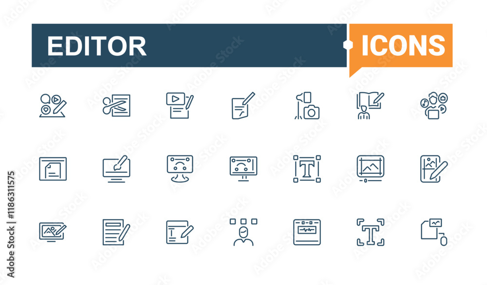 Editor icon set. Contains related to file, button, graphic, editing, element, website, write and more. Outline symbol collection. Editable vector stroke. Editor icon set. Contains related to file, button, graphic, editing, element, website, write and more. Outline symbol collection. Editable vector stroke.