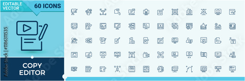 Copy Editor lined icons set. Contains such icons as write, button, graphic, computer, cut, edit and more. Thin linear style icons. Editable stroke. Vector illustration. photo