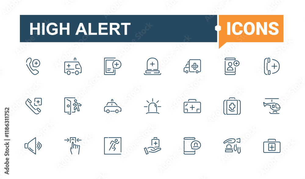 High Alert icon set. Featuring call, security, emergency, warning, assistance, medicine and more. Collection for mobile and web apps. Vector outline icons collection. High Alert icon set. Featuring call, security, emergency, warning, assistance, medicine and more. Collection for mobile and web apps. Vector outline icons collection.