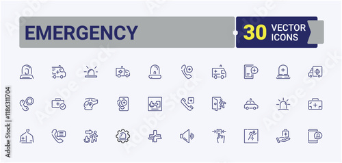 Emergency linear icon collection. Contains such icons as safety, hospital, accident, siren, emergency, medical and more. Perfect for logos and infographics. Editable stroke. Vector illustration.