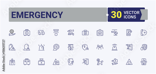 Emergency linear icon collection. Contains such icons as safety, hospital, accident, siren, emergency, medical and more. Perfect for logos and infographics. Editable stroke. Vector illustration.