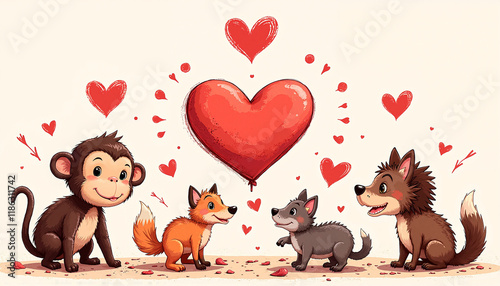 Cute animals celebrating friendship with heart balloon and love in playful setting